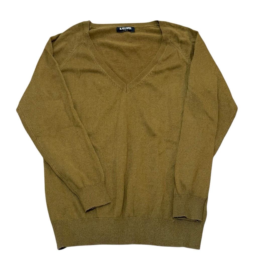Kallspin Menâs Large Olive Green V-Neck Pullover Cashmere Wool Blend Large Knit